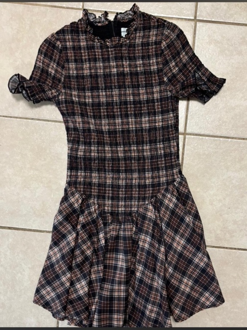 Aureum Sienna Plaid Smocked Brown mini dress with ruffle collar and sleeves